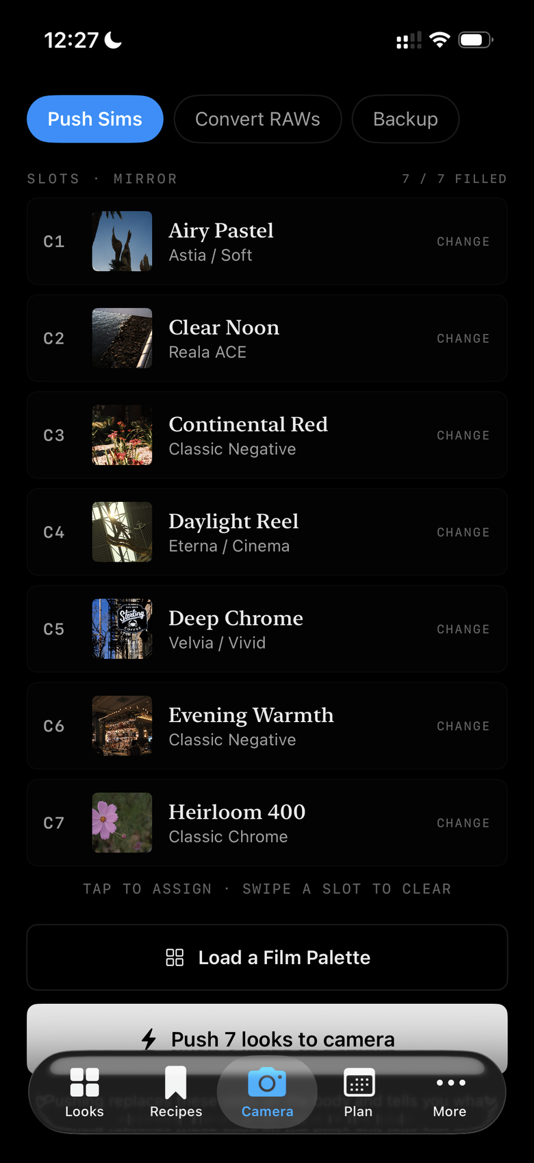 Huginn's Camera tab: a connected Fujifilm X-E5 with all seven custom slots filled, ready to push