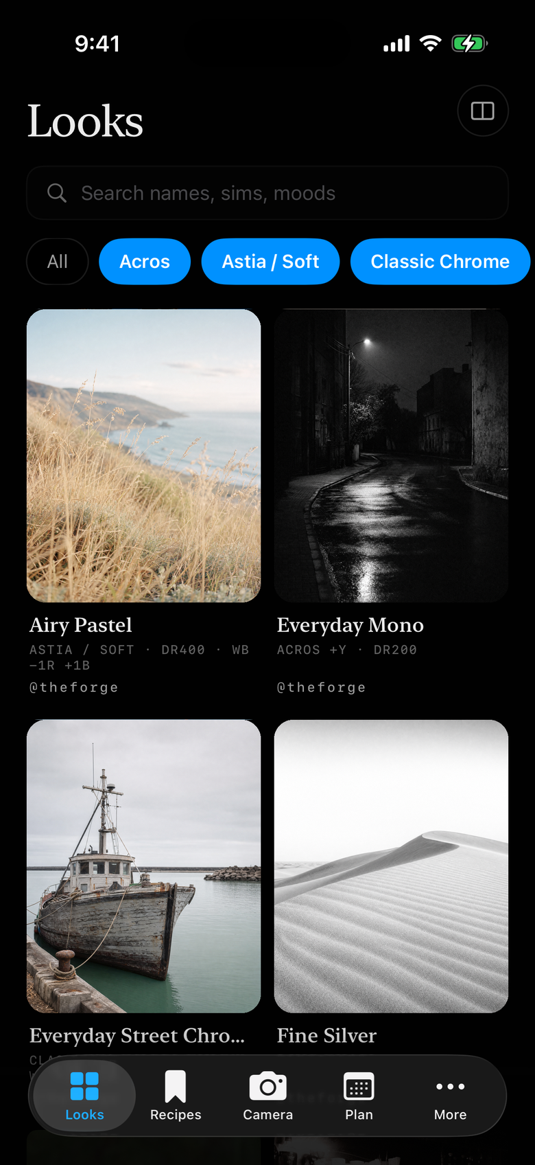 Huginn's Looks tab: a wall of film-simulation recipe cards led by sample photographs