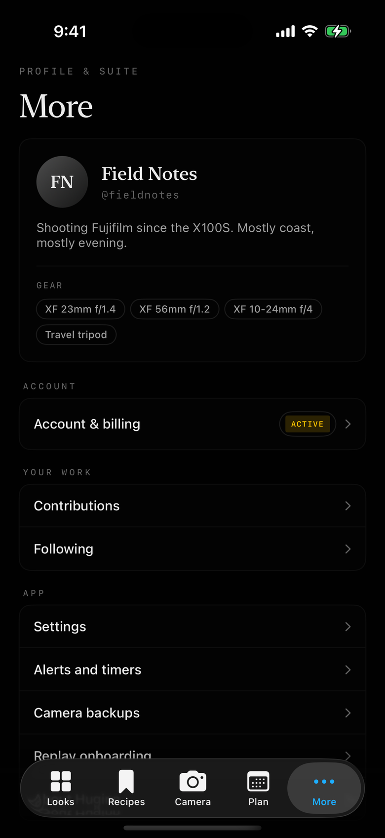 Huginn's More tab: a photographer's profile with their gear, an active subscription, contributions and following, then settings, alerts, and camera backups