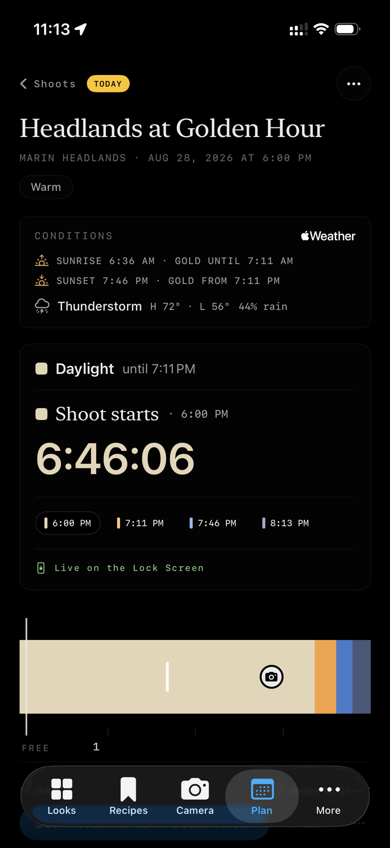 Huginn's Plan tab: a shoot at Marin Headlands showing sunrise and sunset with their golden hours, the day's forecast, and a live countdown to the shoot's start