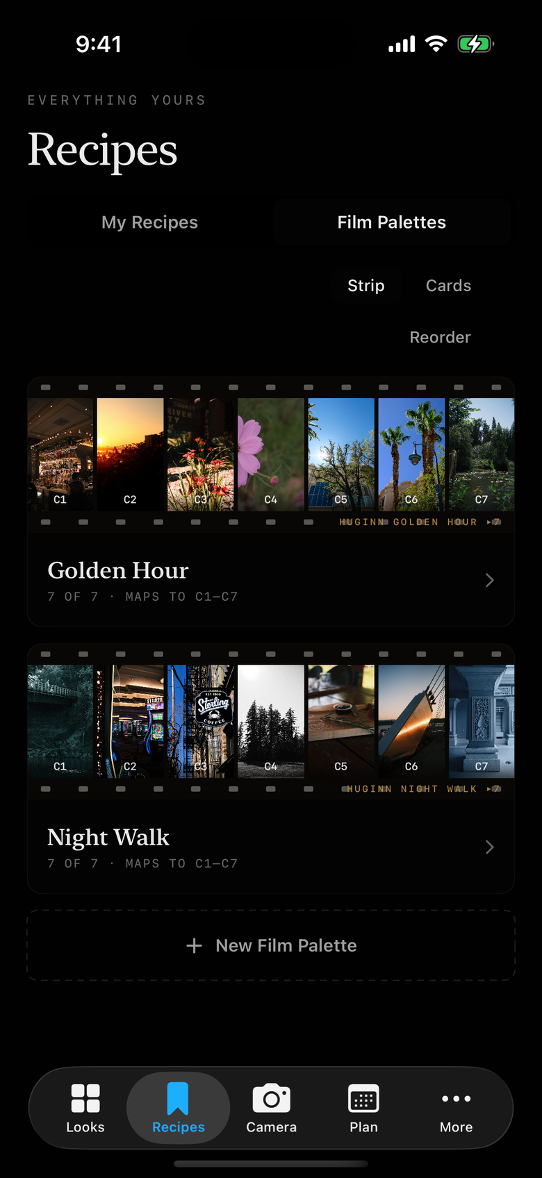 Huginn's Recipes tab: two Film Palettes shown as film strips, each holding seven looks mapped to the camera's C1 to C7 slots